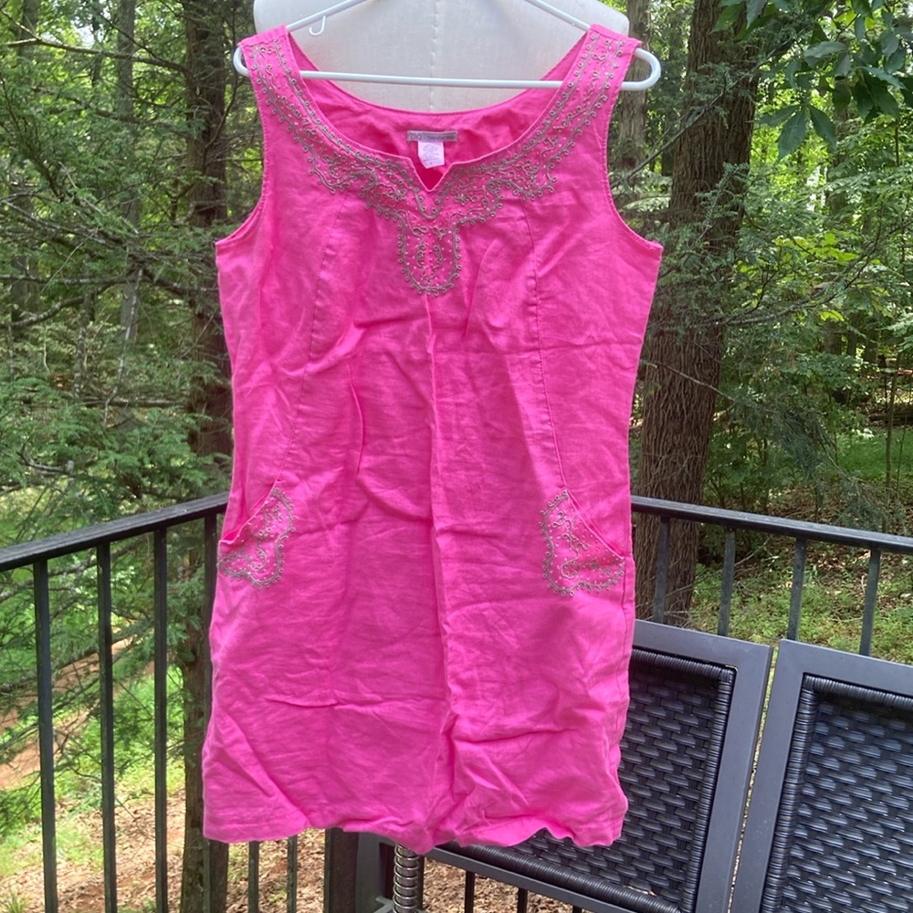 Two Star Dog TSD 100% Linen pink top with beading around neck sz. S
